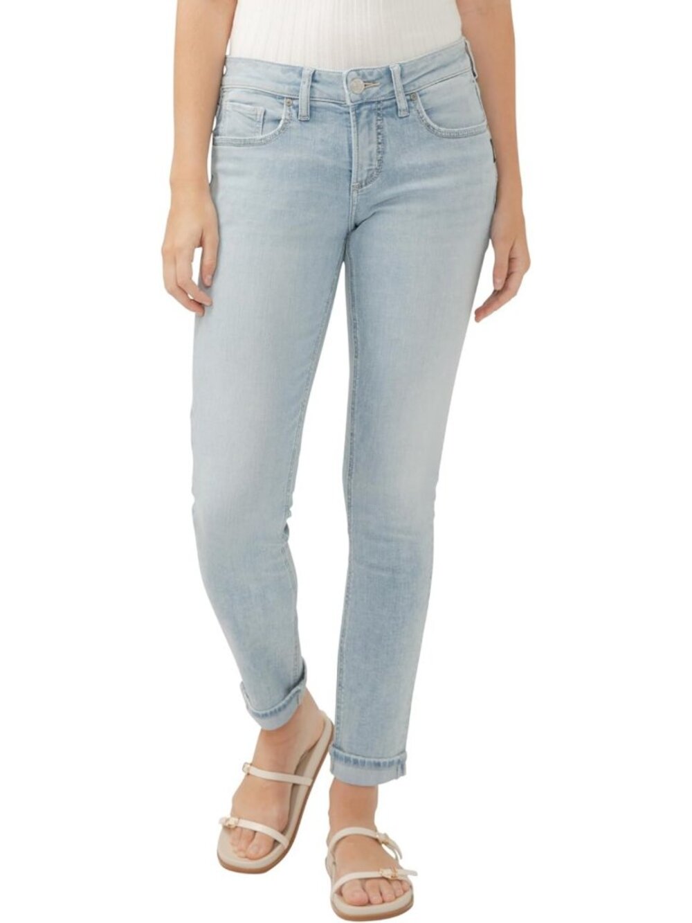 Mid Rise Skinny Girlfriend Jeans in Silver Wash | Trendy Casual Denim Pants
